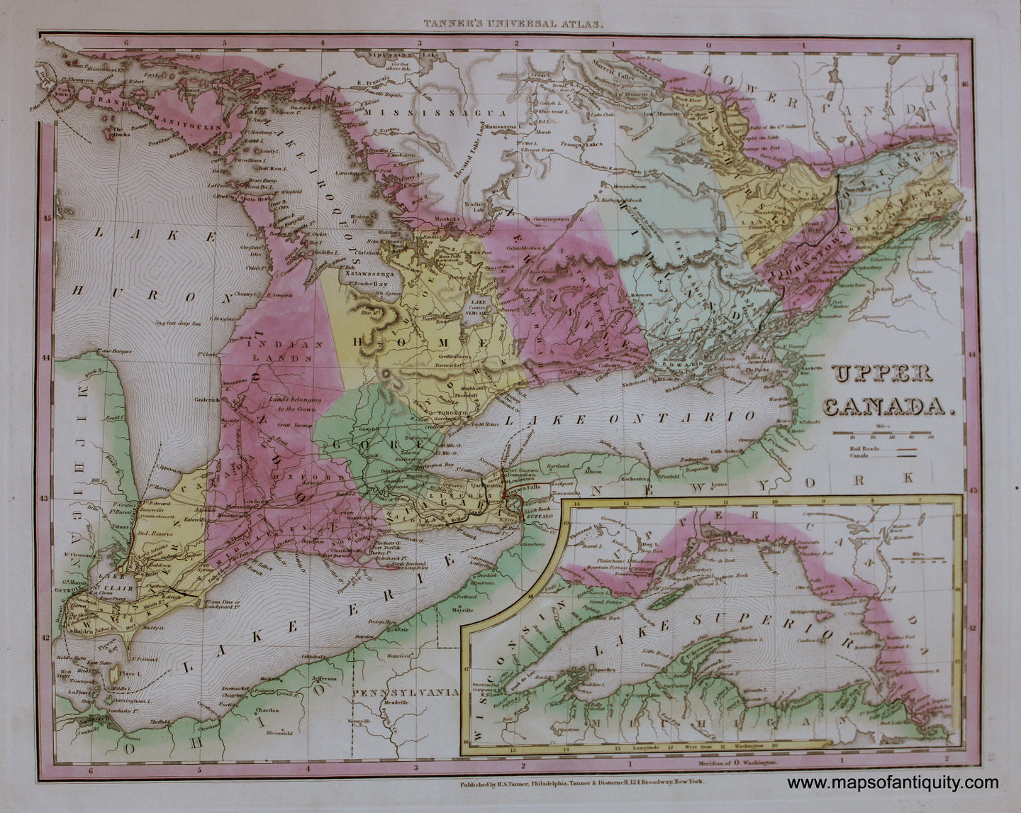 Antique-Hand-Colored-Engraved-Map-Upper-Canada.-North-America-Canada-1841-Tanner-Maps-Of-Antiquity