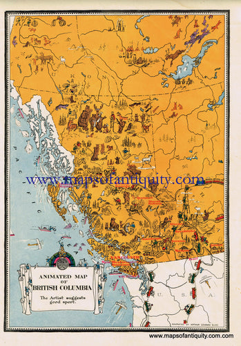 Antique-Printed-Color-Pictorial-Map-Animated-Map-of-British-Columbia-North-America-Canada-1940s-Arthur-Edward-Elias-Maps-Of-Antiquity