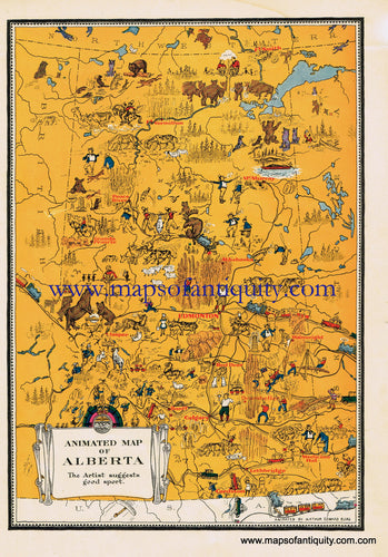 Antique-Printed-Color-Pictorial-Map-Animated-Map-of-Alberta-******-North-America-Canada-1940s-Arthur-Edward-Elias-Maps-Of-Antiquity