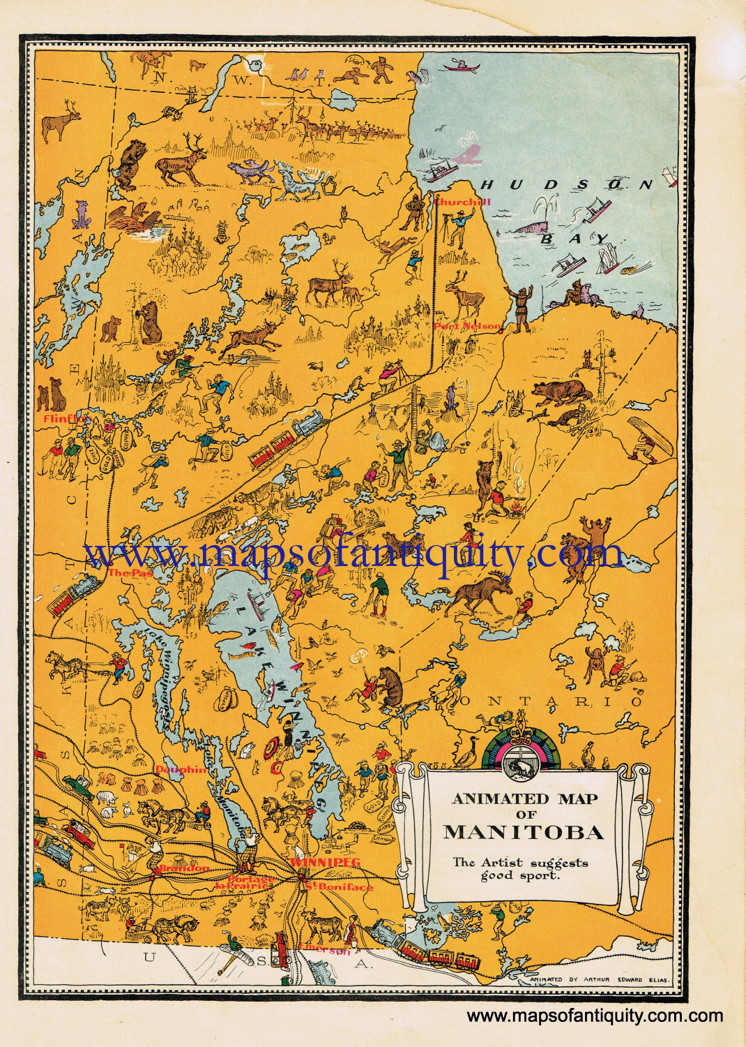Antique-Printed-Color-Pictorial-Map-Animated-Map-of-Manitoba-**********-North-America-Canada-1940s-Arthur-Edward-Elias-Maps-Of-Antiquity