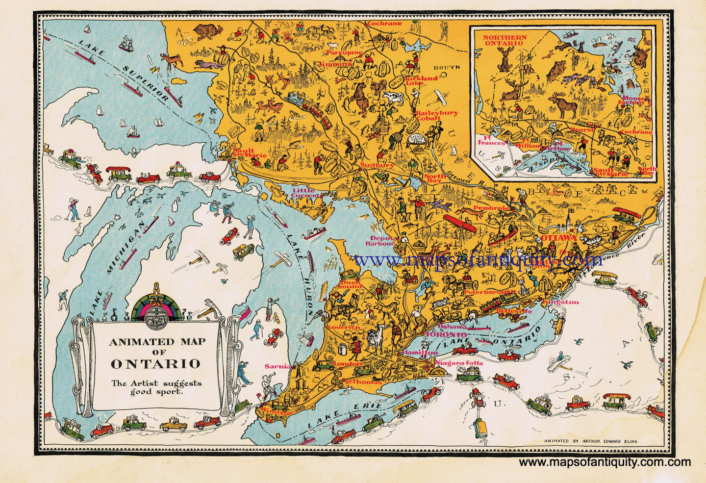Antique-Printed-Color-Pictorial-Map-Animated-Map-of-Ontario-North-America-Canada-1940s-Arthur-Edward-Elias-Maps-Of-Antiquity