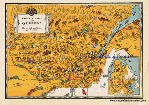 Antique-Printed-Color-Pictorial-Map-Animated-Map-of-Quebec-**********-North-America-Canada-1940s-Arthur-Edward-Elias-Maps-Of-Antiquity