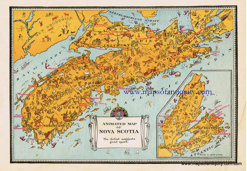 Antique-Printed-Color-Pictorial-Map-Animated-Map-of-Nova-Scotia-North-America-Canada-1940s-Arthur-Edward-Elias-Maps-Of-Antiquity