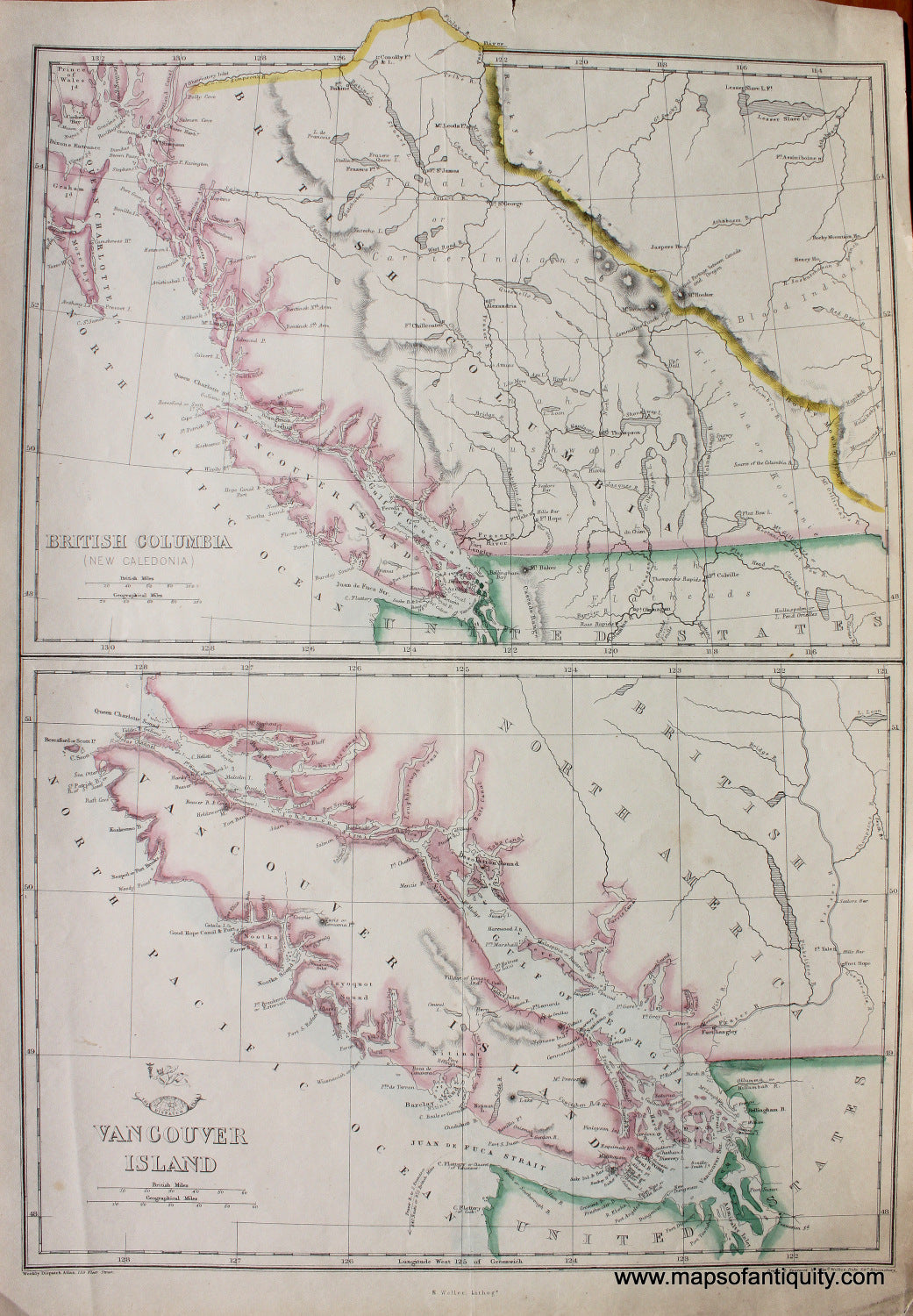 Antique-Hand-Colored-Map-British-Columbia-and-Vancouver-Island-**********-Canada--1863-Weller-Maps-Of-Antiquity