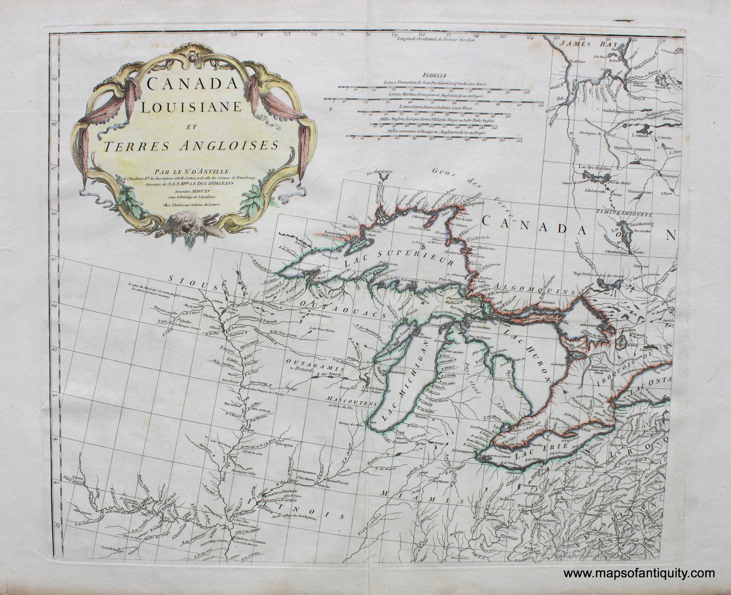 Set-of-2-Antique-Hand-Colored-Maps-Canada-Louisiane-et-Terres-Angloises-Canada--1755-D'Anville-Maps-Of-Antiquity