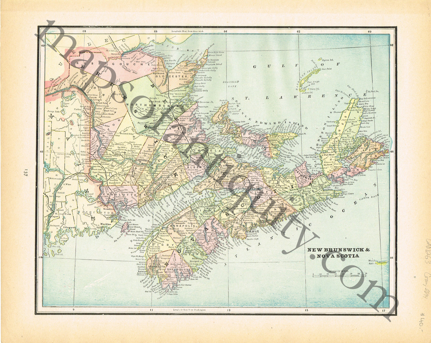 Antique-Printed-Color-Map-New-Brunswick-&-Nova-Scotia-verso:-Quebec-North-America-Canada-1894-Cram-Maps-Of-Antiquity