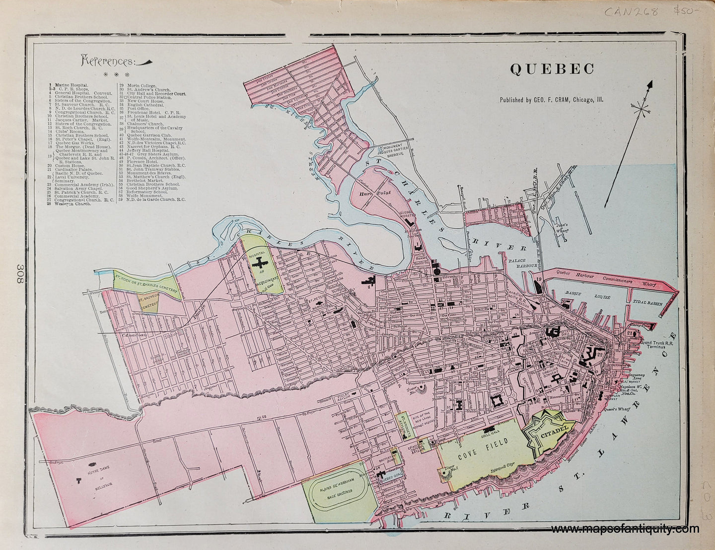 Antique-Printed-Color-Map-Map-of-The-City-of-Quebec-verso:-Newfoundland-North-America-Canada-1903-Cram-Maps-Of-Antiquity
