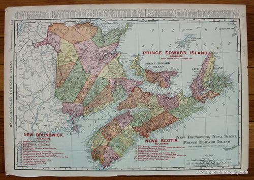 Antique-Printed-Color-Map-New-Brunswick-Nova-Scotia-and-Prince-Edward-Island-(The-Maritime-Provinces-of-Canada)-North-America-Railroad-Maps-Canada-1909-Rand-McNally-Maps-Of-Antiquity