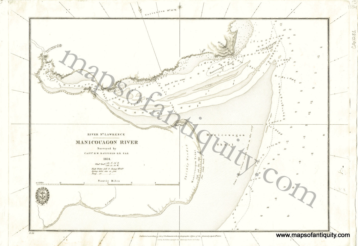 Antique-Black-and-White-Nautical-Chart-River-St.-Lawrence:-Manicouagon-River-North-America-Nautical-Charts-Canada-1838-British-Admiralty-Maps-Of-Antiquity