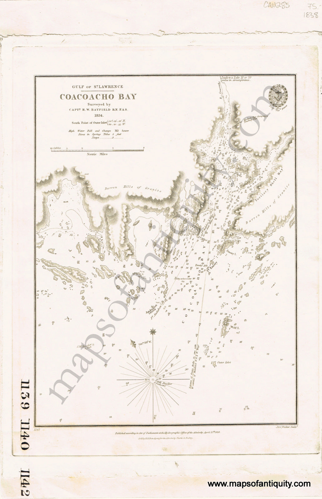 Antique-Black-and-White-Nautical-Chart-Gulf-of-St.-Lawrence:-Coacoacho-Bay-North-America-Nautical-Charts-Canada-1838-British-Admiralty-Maps-Of-Antiquity