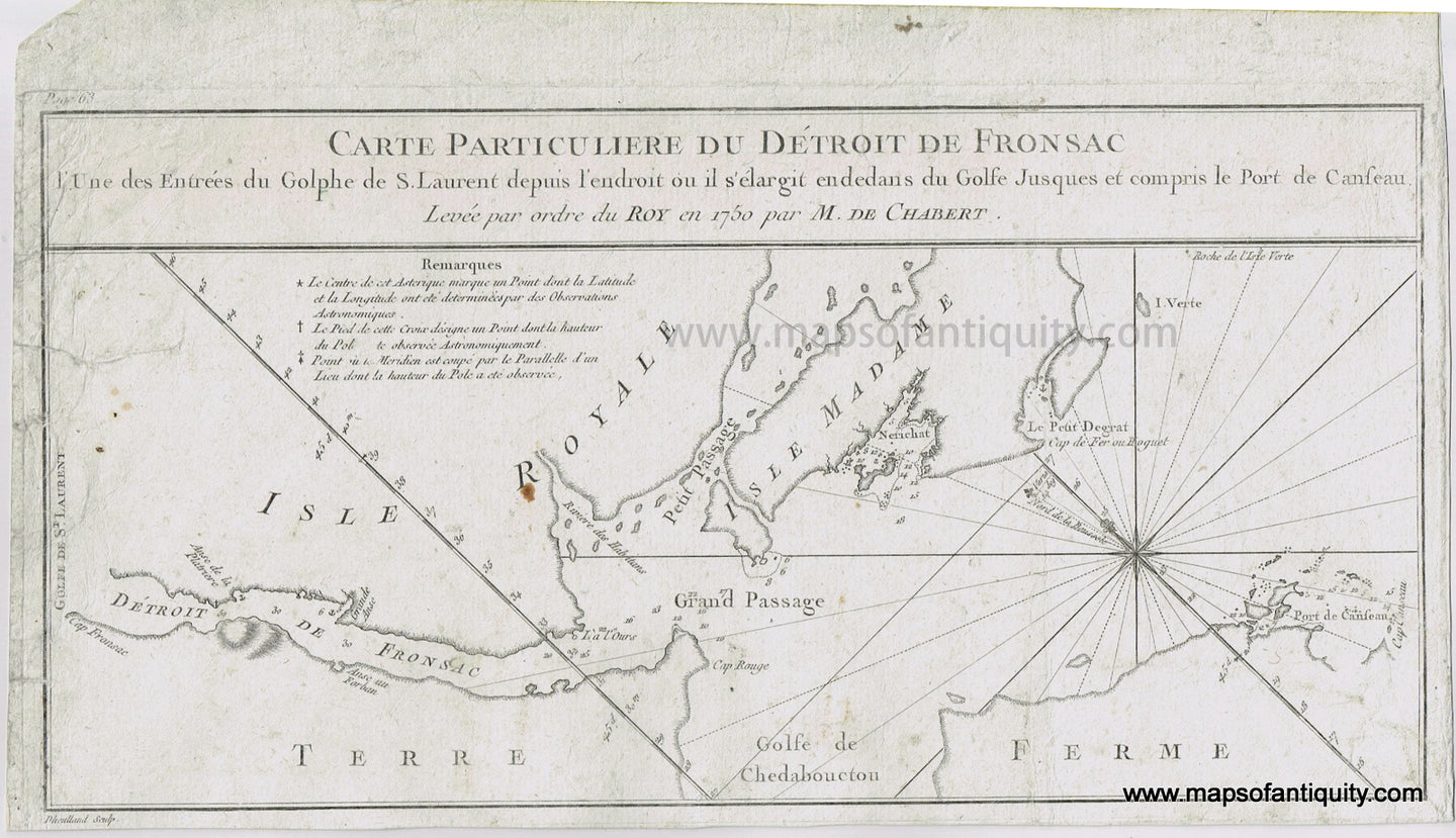 Antique-Map-Chart-Nova-Scotia-Cape-Breton-Carte-Particuliere-du-Detroit-de-Fronsac-de-Chabert-1753