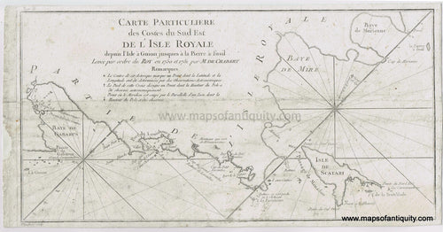 Antique-Map-Chart-Nova-Scotia-Cape-Breton-Carte-Particuliere-des-Costes-du-Sud-Est-de-l'Isle-Royale-Louisbourg-Gabarus-Scatarie-de-Chabert-1753