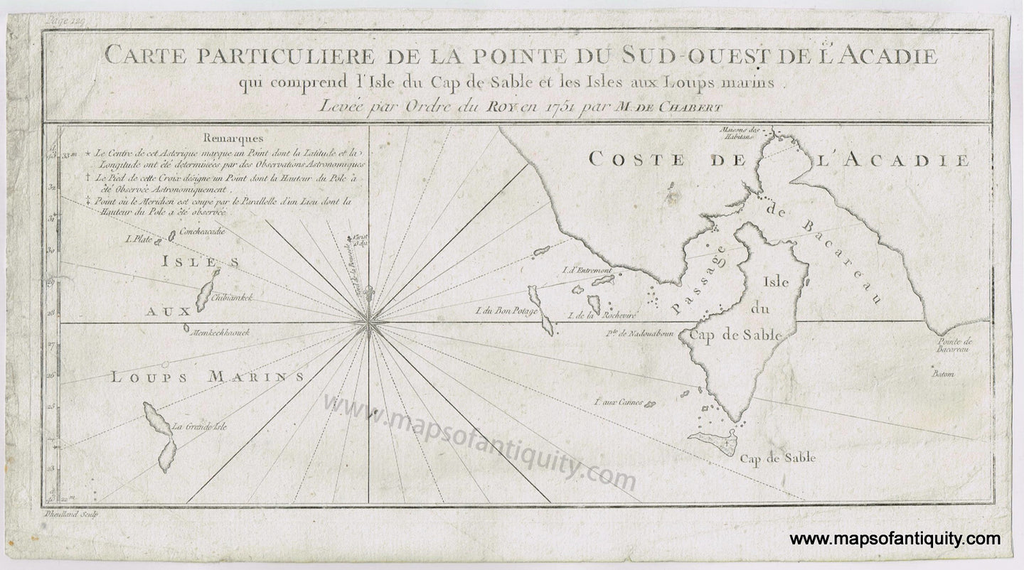 Antique-Map-Chart-Nova-Scotia-Carte-Particuliere-de-la-Pointe-du-Sud-Ouest-de-l'Acadie-de-Chabert-1753