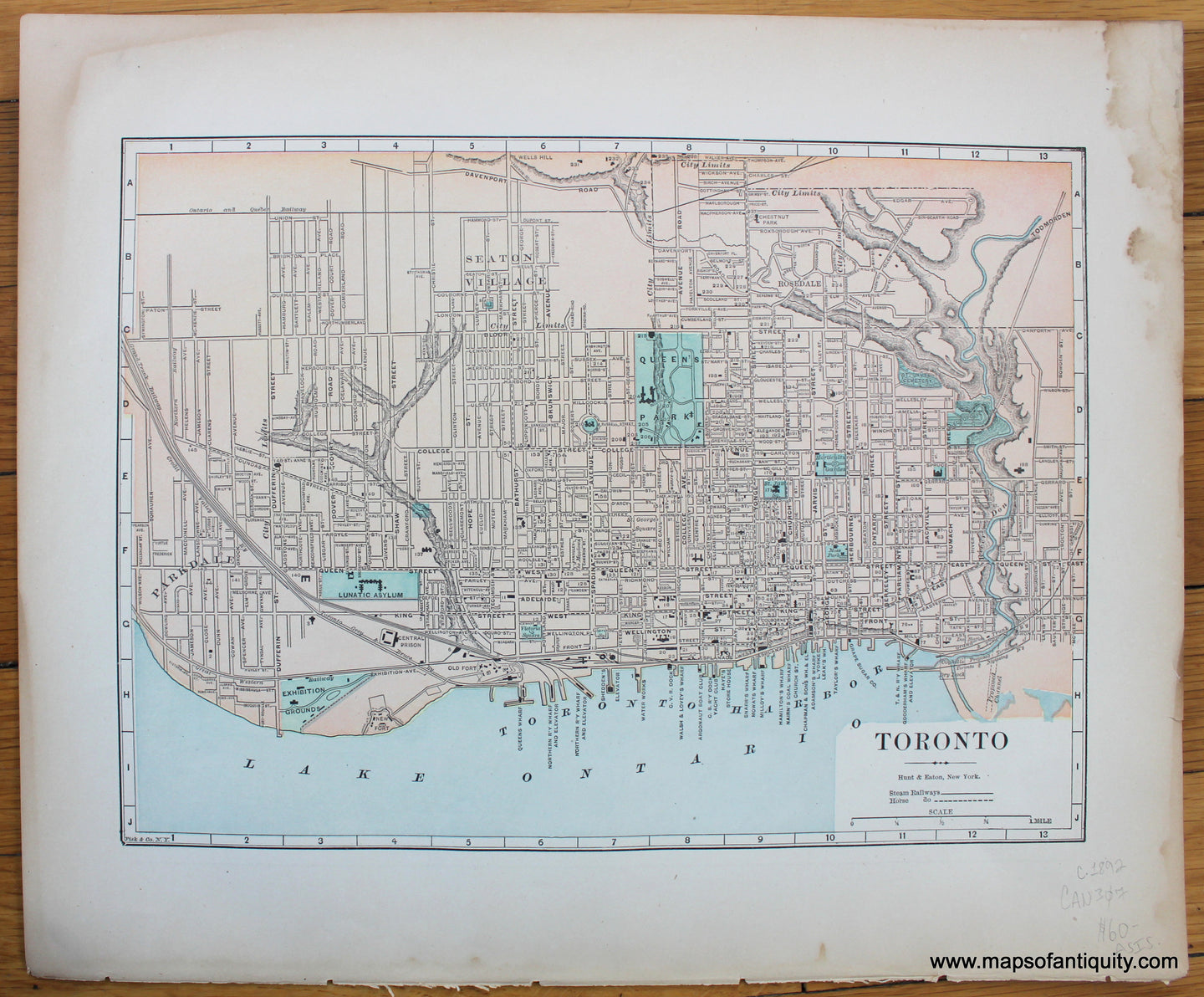 Antique-Map-Canada-Toronto-Ontario-City-Hunt-&-Eaton-1892-1890s-1800s-Late-19th-Century-Maps-of-Antiquity