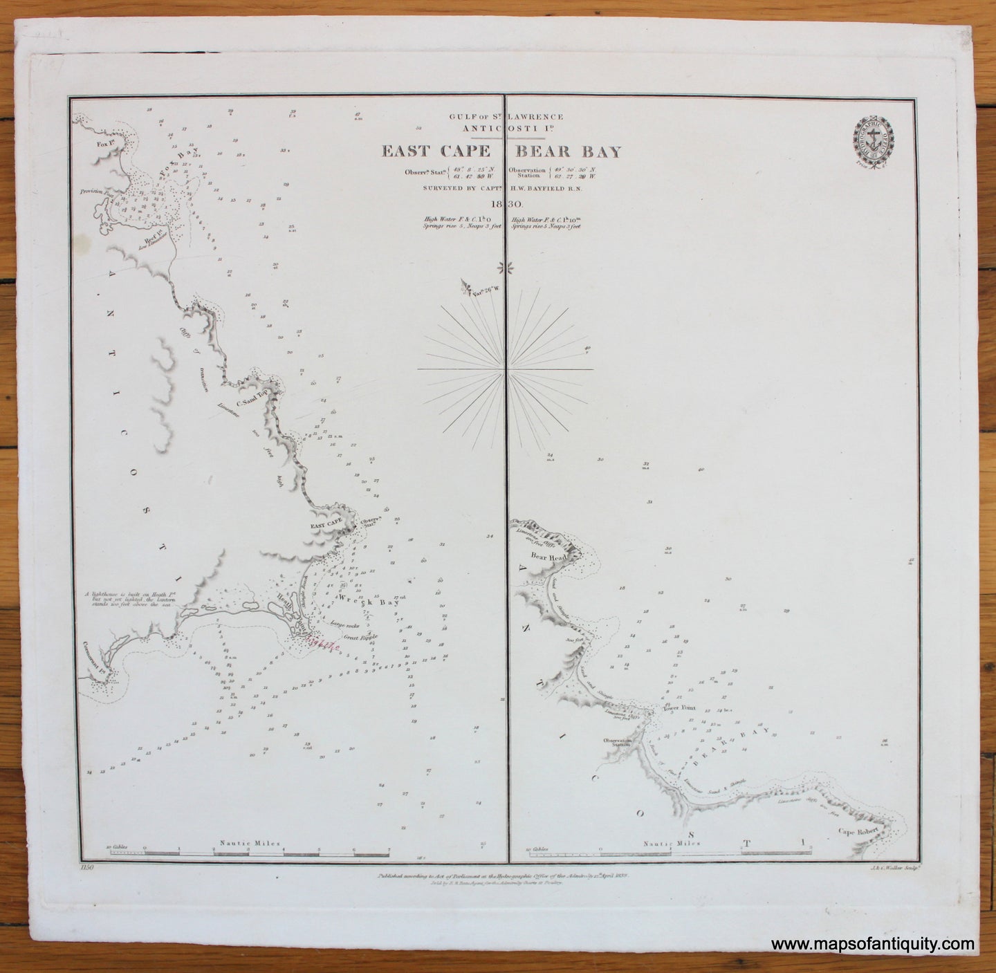 Antique-Map-Gulf-of-St.-Lawrence-Anticosti-Island-East-Cape-Bear-Bay-1830-1838-1830s-1800-Early-19th-Century-Maps-of-Antiquity
