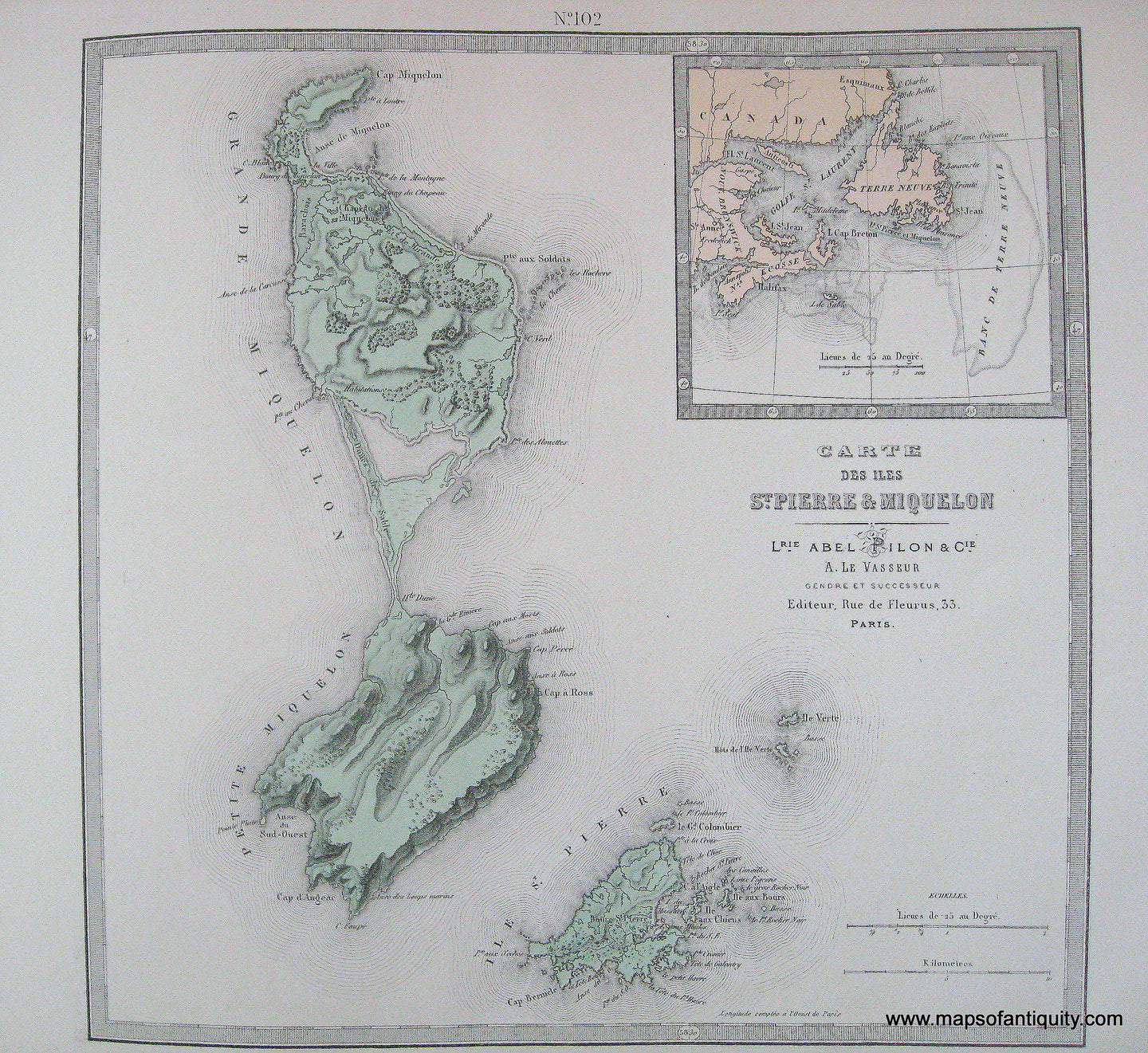 Antique-Hand-Colored-Map-Carte-des-iles-St.-Pierre-et-Miquelon-1877-Levasseur-Newfoundland-1800s-19th-century-Maps-of-Antiquity