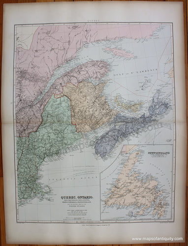 Printed-Color-Antique-Map-Quebec-Ontario-New-Brunswick-Nova-Scotia-Prince-Edward-Island-&-Newfoundland-with-the-Adjacent-Parts-of-the-United-States.-1904-Stanford-1800s-19th-century-Maps-of-Antiquity