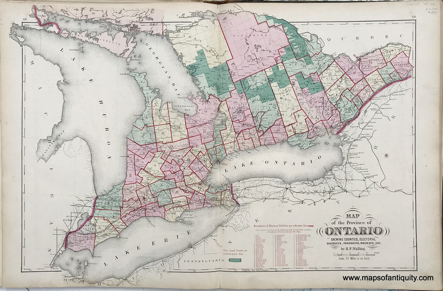 Antique-Map-Sheet-with-three-maps:-Map-of-the-Province-of-Ontario-Shewing-Counties-Electoral-Districts-Townships-Railways-etc.-/-Map-of-the-Eestern-Part-of-Algoma-District-on-the-North-Shore-of-Lake-Huron-Shewing-Towns-Post-Offices-etc.-/-District-of-Nippissing-1875-Walling-/-Tackabury-Canada-Civil-War-1800s-19th-century-Maps-of-Antiquity
