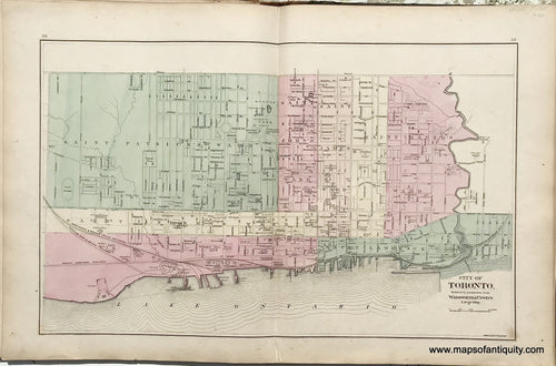 Antique-Map-Sheet-with-three-maps:-City-of-Toronto-/-Counties-of-Kent-and-Essex-in-the-Province-of-Ontario-/-Counties-of-Middlesex-Elgin-and-Lambton-in-the-Province-of-Ontario-1875-Walling-/-Tackabury-Canada-Civil-War-1800s-19th-century-Maps-of-Antiquity