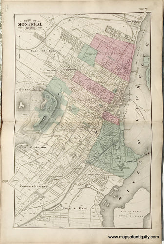 Antique-Map-Sheet-with-three-maps:-City-of-Montreal-and-Suburbs-/-Counties-of-Huron-Wellington-Perth-and-Waterloo-in-the-Province-of-Ontario-/-Counties-of-Oxford-Brant-Wentworth-Norfolk-and-Haldimand-in-the-Province-of-Ontario-1875-Walling-/-Tackabury-Canada-Civil-War-1800s-19th-century-Maps-of-Antiquity