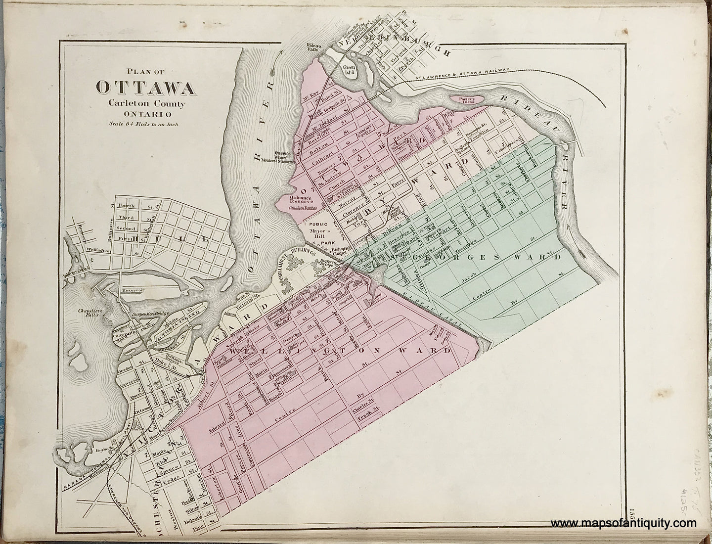 Antique-Map-Sheet-with-two-maps:-Plan-of-Ottawa-/-Counties-of-Lanark-Leeds-Grenville-and-Carleton--1875-Walling-/-Tackabury-Canada-Civil-War-1800s-19th-century-Maps-of-Antiquity