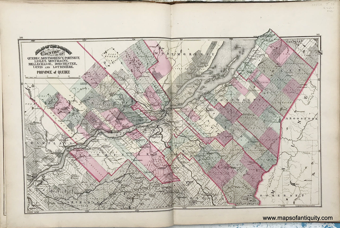 Antique-Map-Sheet-with-three-maps:-Counties-of-Quebec-Montmorency-Portneuf-Lislet-Montmagny-Bellechasse-Dorchester-Levis-and-Lotbiniere-/-Plan-of-London-in-Ontario-/-County-of-Pontiac-in-Quebec-1875-Walling-/-Tackabury-Canada-Civil-War-1800s-19th-century-Maps-of-Antiquity