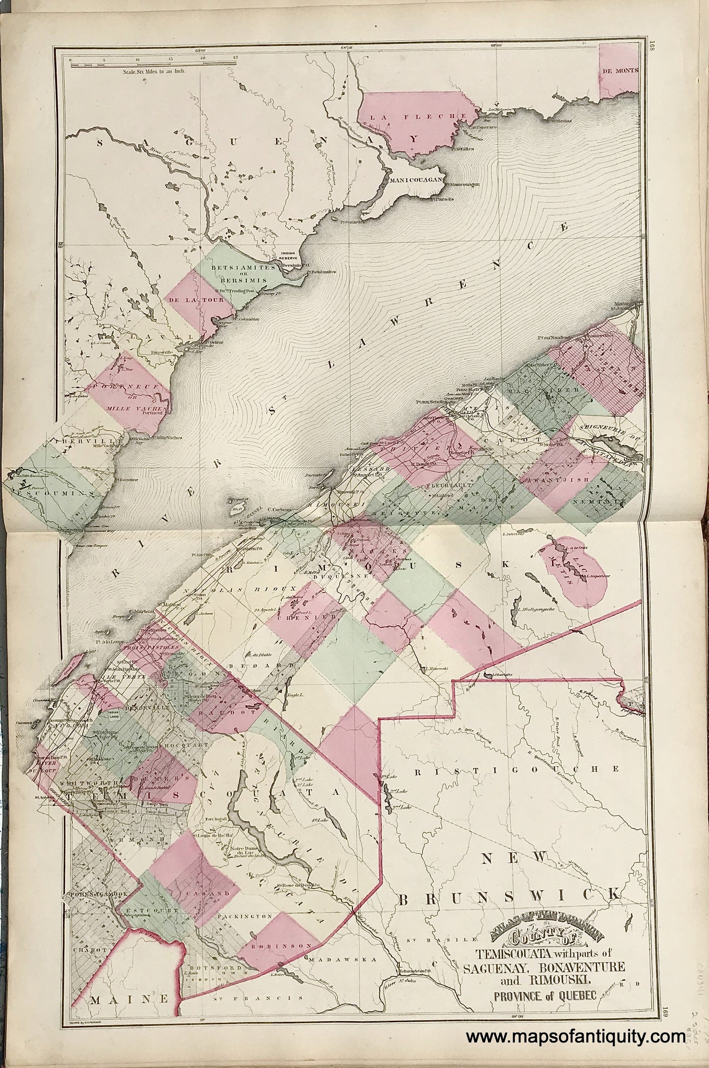 Antique-Map-Sheet-with-three-maps:-County-of-Temiscouata-with-parts-of-Saguenay-Bonaventure-and-Rimouski-in-the-Province-of-Quebec-/-Counties-of-Beauce-and-Megantic-in-the-Province-of-Quebec-/-Plan-of-Kingston-Frontenac-County-Ontario.-1875-Walling-/-Tackabury-Canada-Civil-War-1800s-19th-century-Maps-of-Antiquity