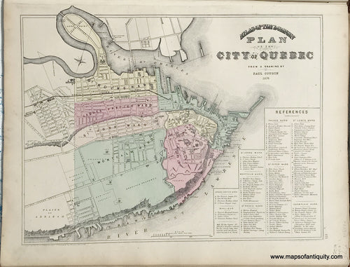 Antique-Map-Sheet-with-three-maps:-Plan-of-the-City-of-Quebec-from-a-drawing-by-Paul-Cousin-/-County-of-Gaspe-and-parts-of-Bonaventure-and-Rimouski-/-Counties-of-Charlevoix-and-Kamouraska-1875-Walling-/-Tackabury-Canada-Civil-War-1800s-19th-century-Maps-of-Antiquity