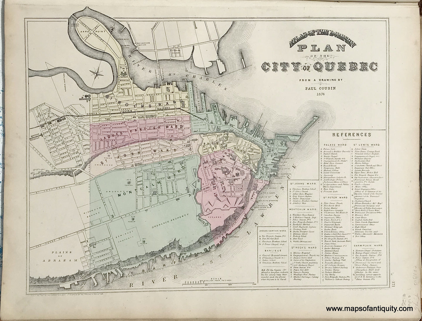 Antique-Map-Sheet-with-three-maps:-Plan-of-the-City-of-Quebec-from-a-drawing-by-Paul-Cousin-/-County-of-Gaspe-and-parts-of-Bonaventure-and-Rimouski-/-Counties-of-Charlevoix-and-Kamouraska-1875-Walling-/-Tackabury-Canada-Civil-War-1800s-19th-century-Maps-of-Antiquity