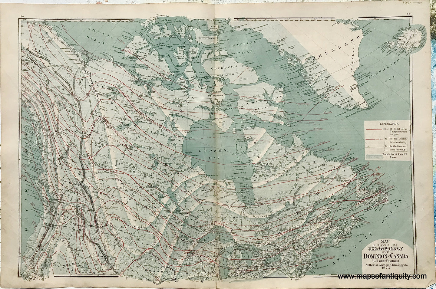 Antique-Map-Map-to-Illustrate-the-Climatology-of-the-Dominion-of-Canada-by-Loren-Blodget-Author-of-American-Climatology-etc.-1874-1875-Walling-/-Tackabury-Canada-Civil-War-1800s-19th-century-Maps-of-Antiquity