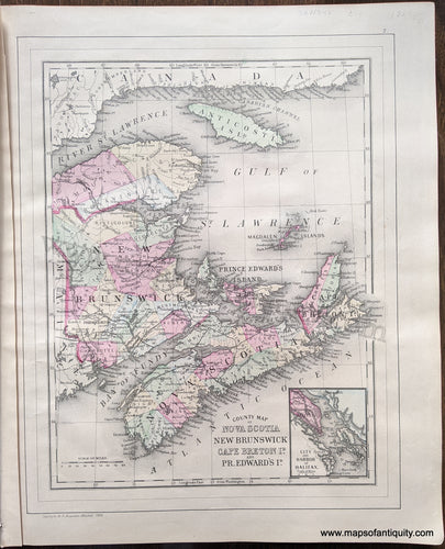 Antique-Hand-Colored-Map-County-Map-of-Nova-Scotia-New-Brunswick-Cape-Breton-Island-and-Prince-Edwards-Island;-verso:Map-of-Ontario-in-Counties-Canada--1884-Mitchell-Maps-Of-Antiquity-1800s-19th-century