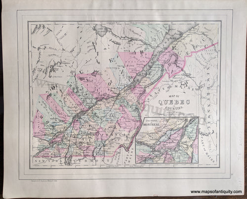 Antique-Hand-Colored-Map-Map-of-Quebec-in-Counties-Canada--1884-Mitchell-Maps-Of-Antiquity-1800s-19th-century