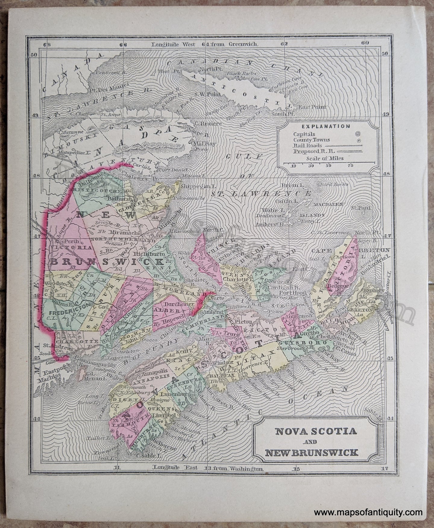 Antique-Hand-Colored-Map-Nova-Scotia-and-New-Brunswick-Canada-East-1857-Morse-and-Gaston-Maps-Of-Antiquity-1800s-19th-century