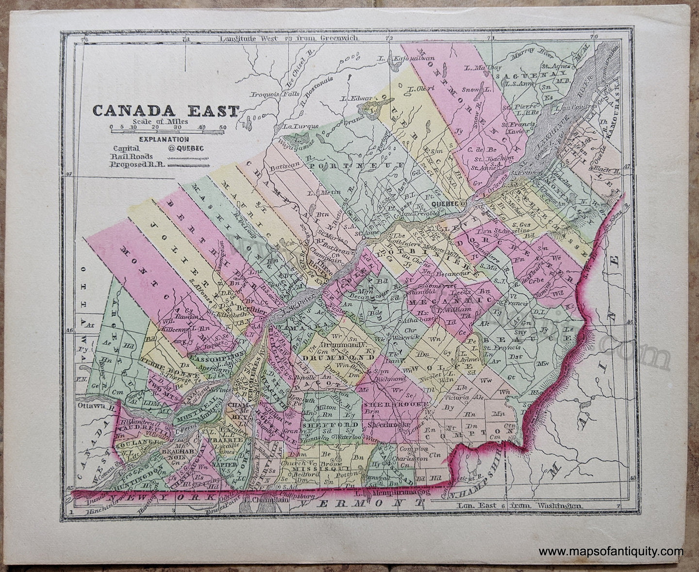 Antique-Hand-Colored-Map-Canada-East-Canada-Central-1857-Morse-and-Gaston-Maps-Of-Antiquity-1800s-19th-century