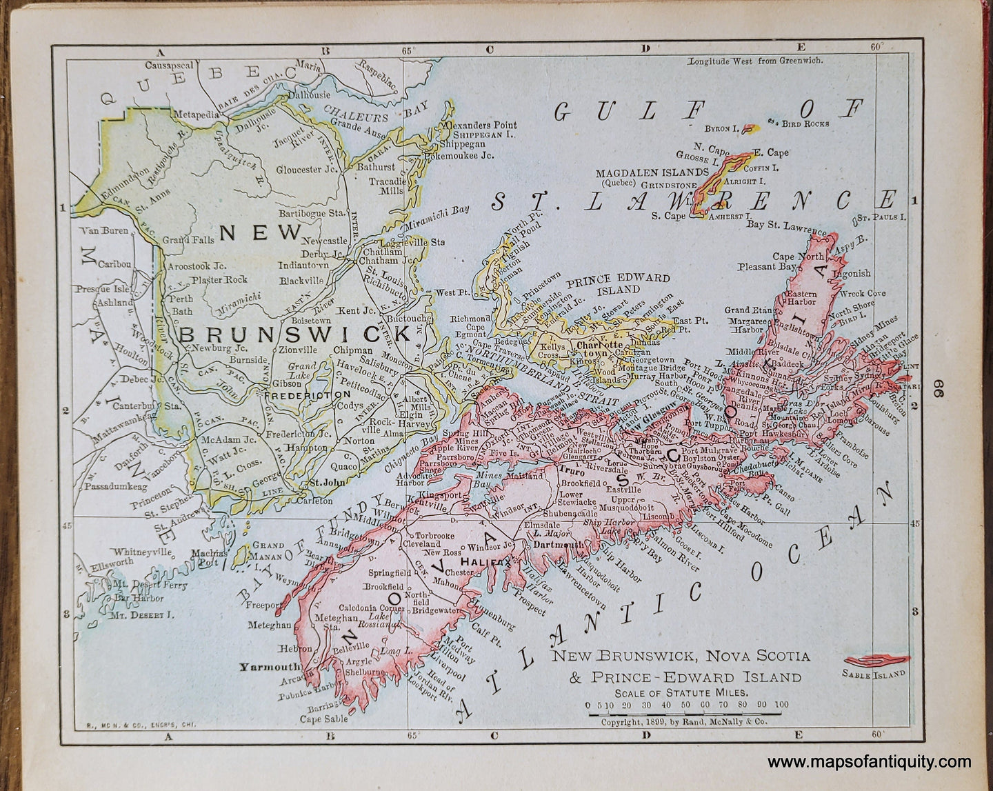 Genuine-Antique-Map-New-Brunswick-Nova-Scotia-&-Prince-Edward-Island-1900-Rand-McNally-Maps-Of-Antiquity