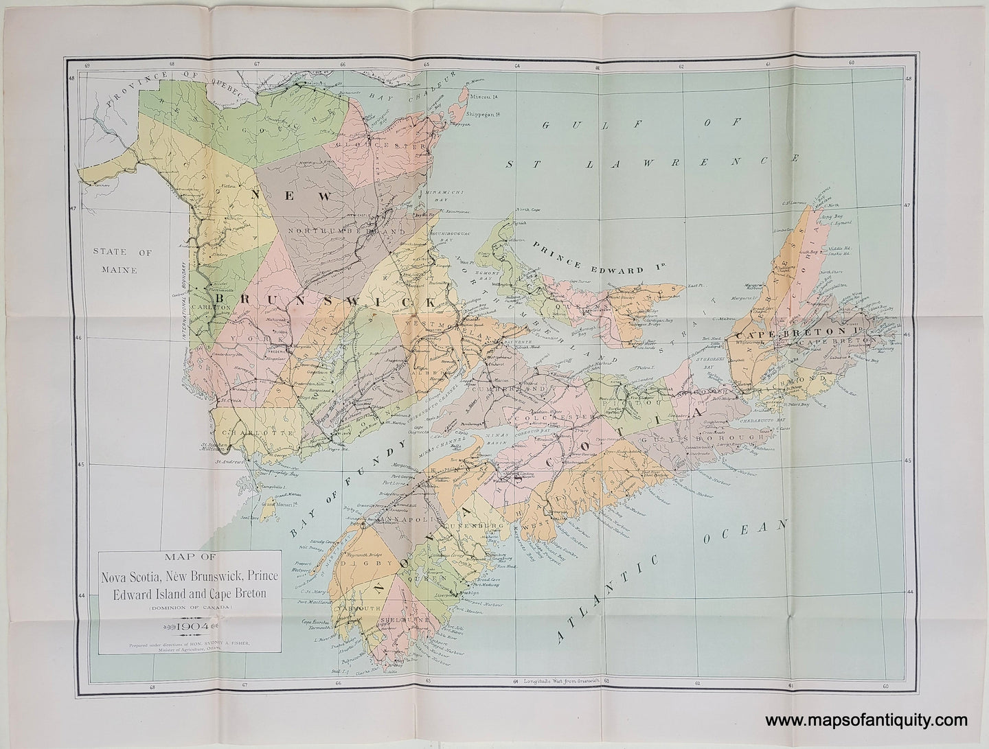Genuine-Antique-Map-Map-of-Nova-Scotia-New-Brunswick-Prince-Edward-Island-and-Cape-Breton-Dominion-of-Canada-1904-Department-of-Agriculture-Maps-Of-Antiquity