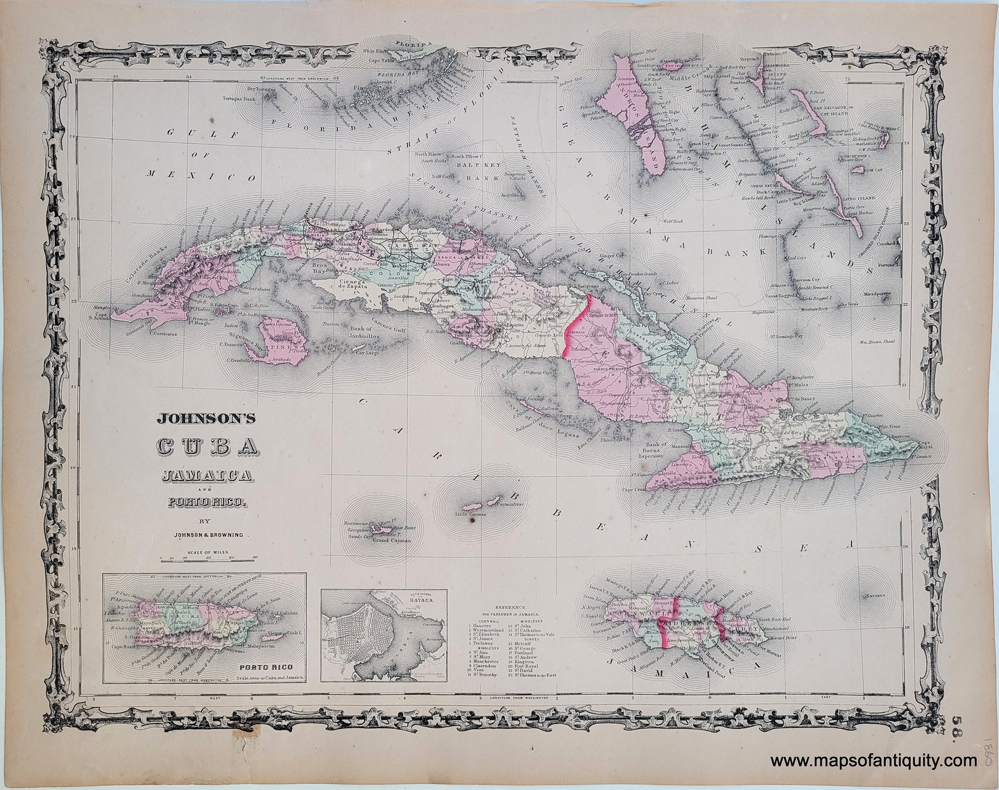Antique-Map-Cuba-Jamaica-Puerto-Rico-Caribbean-Johnson-1860-bahamas-cayman-islands-florida-keys