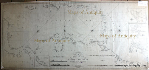 Black-and-White-Antique--Nautical-Chart-A-New-Chart-of-the-Caribbean-Sea-and-Isles-Including-the-Coast-of-Guayana---Accurately-drawn-from-the-Authentic-Documents-by-R.-Blachford-Central-America-and-Caribbean--1807-Blachford-Maps-Of-Antiquity