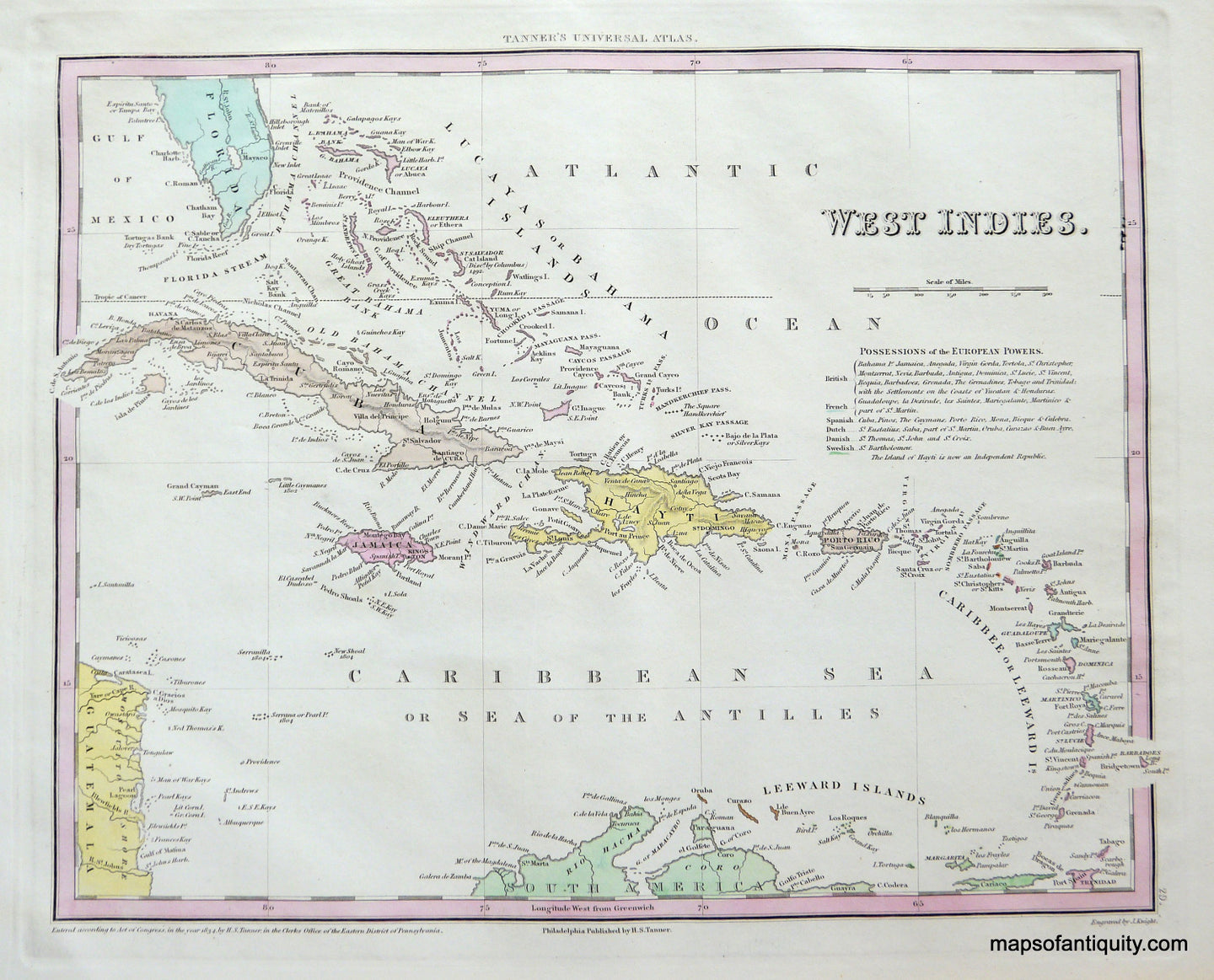 Antique-Hand-Colored-Engraved-Map-West-Indies.-**********-Caribbean--1834-Tanner-Maps-Of-Antiquity