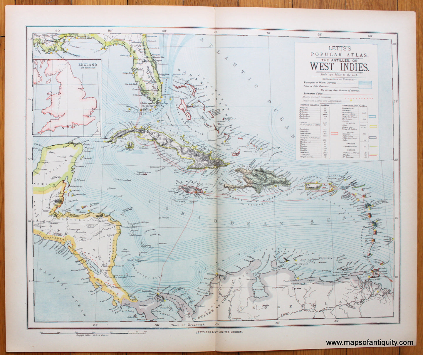 Printed-Color-Antique-Map-The-Antilles-or-West-Indies-**********-Caribbean-Caribbean-1883-Letts-Maps-Of-Antiquity