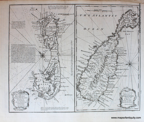 Antique-Black-and-White-Map-A-New-and-Accurate-Map-of-Bermudas-or-Sommers-Island.-Also-An-Accurate-Map-of-the-Island-of-St-Christopher-vulgarly-called-St-Kits--Caribbean--c.-1747-Bowen-Maps-Of-Antiquity