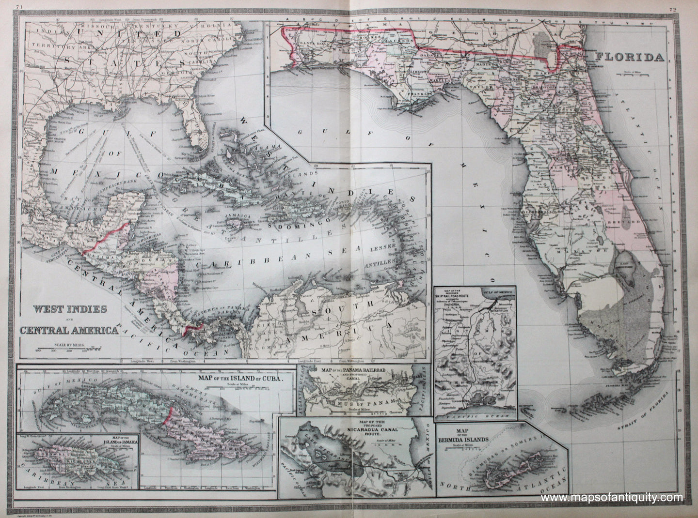 Antique-Hand-Colored-Map-West-Indies-and-Central-America-(with-Florida-etc.)-******-Caribbean-West-Indies-1887-Bradley-Maps-Of-Antiquity