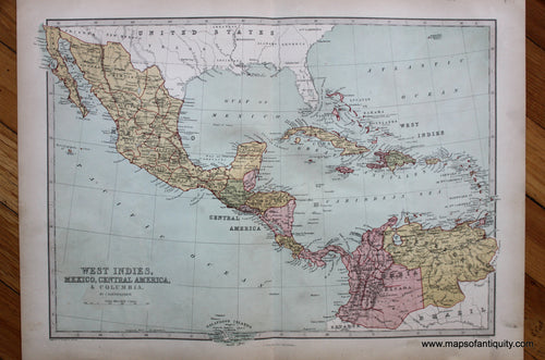 Antique-Printed-Color-Map-West-Indies-Mexico-Central-America-&-Columbia-Caribbean-&Latin-America-Central-America-Mexico-South-America-1873-J.-Bartholomew-Maps-Of-Antiquity