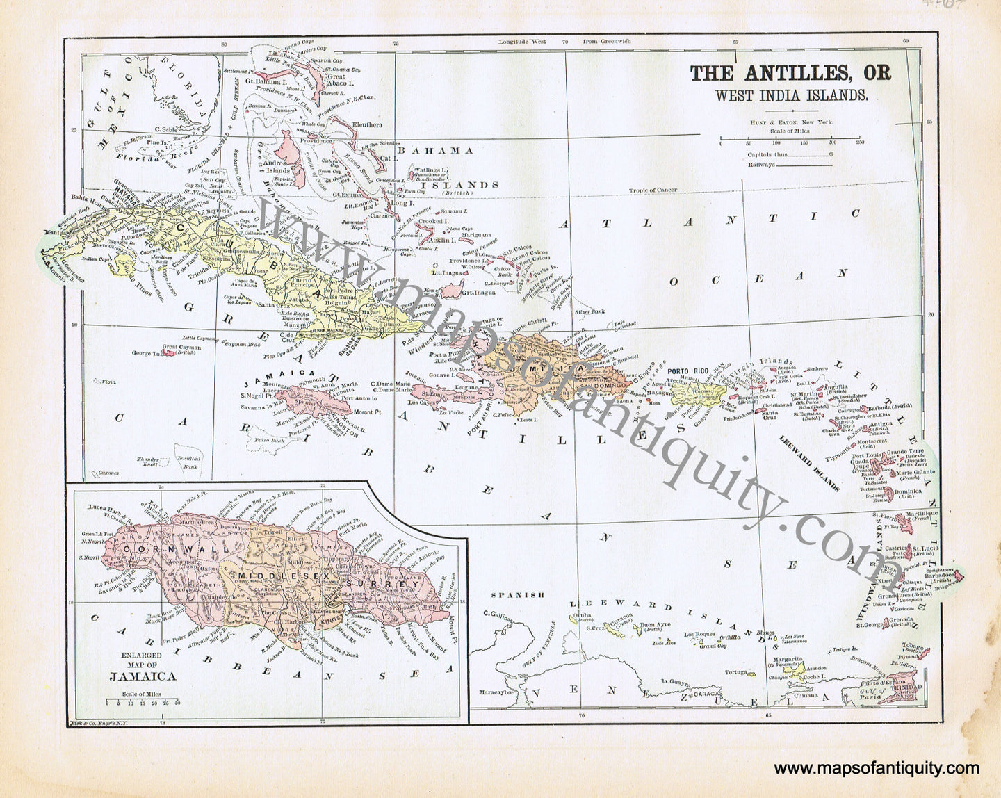 Antique-Printed-Color-Map-The-Antilles-or-West-India-Islands-******-Caribbean--1893-Hunt-&-Eaton-Maps-Of-Antiquity