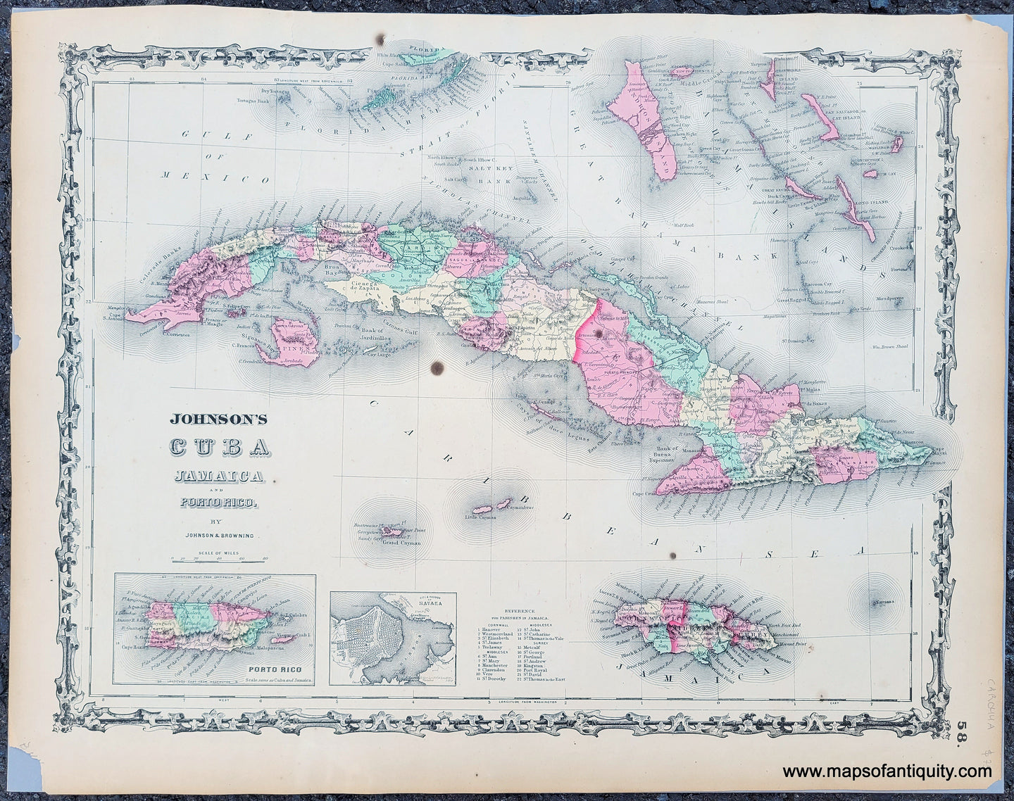 Antique-Map-Cuba-Bahamas-Jamaica-Puerto-Rico-Caribbean-Johnson-1864