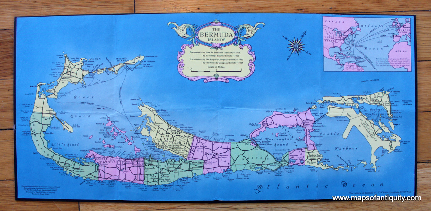 Antique-Printed-Color-Map-The-Bermuda-Islands-Caribbean-&-Latin-America--c.-1930-40-Rand-McNally-Maps-Of-Antiquity
