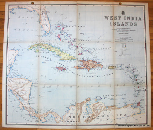 Antique-Printed-Color-Folding-Map-West-India-Islands-Caribbean-&-Latin-America--c.-1910-W-&-AK-Johnston-Maps-Of-Antiquity