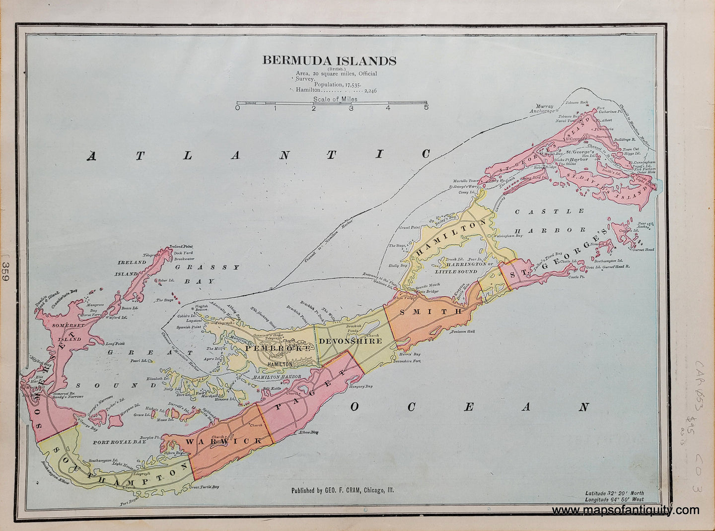 Antique-Map-Bermuda-Islands-Caribbean-Isles-Bermudas-Cram-1898-1890s-1800s-Late-19th-Century-Maps-of-Antiquity