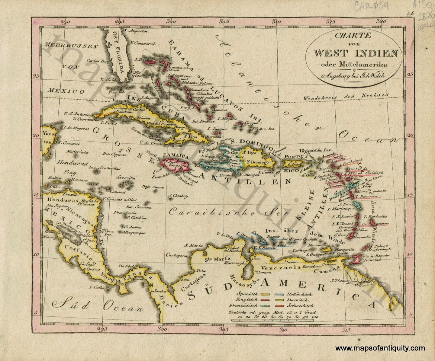 Antique-Charte-von-West-Indien-oder-Mittelamerika-West-India-Islands-Indies-Caribbean-German-Walch-Neuester-Schul-Atlass-1826-1820s-Early-19th-Century-Maps-of-Antiquity