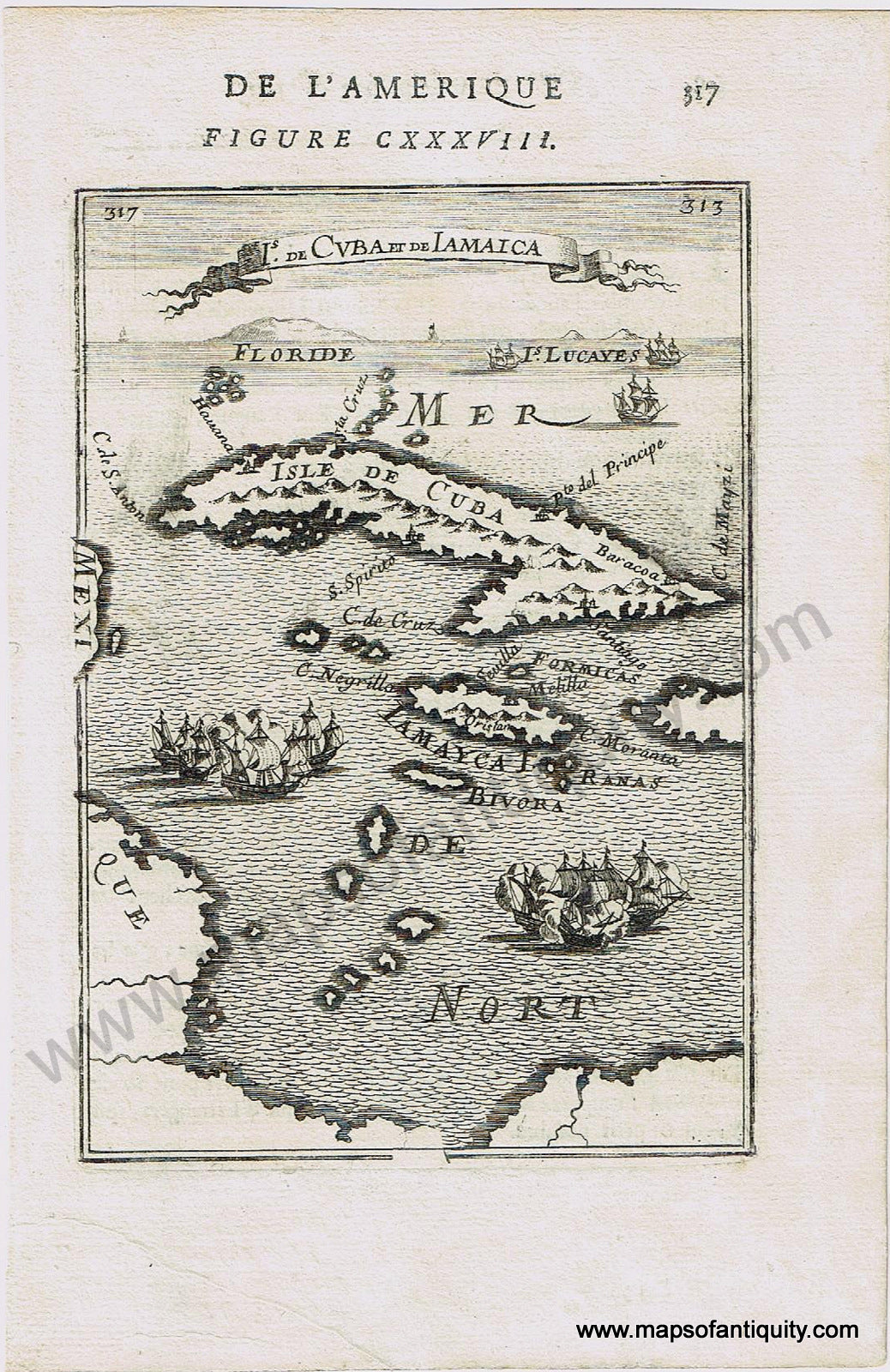 Antique-Map-Caribbean-Cuba-Jamaica-Iamaica-Mallet-1683-1680s-1600s-17th-century-Maps-of-Antiquity